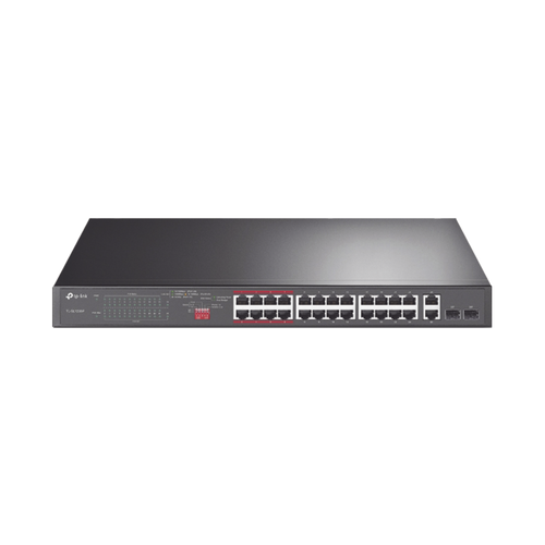 Switch No Administrable 24 Puertos PoE+ 10/100 Mbps / 2 Puertos 10/100/1000 Mbps + 2 Puertos SFP (combo) / Modo Prioridad de Tráfico / Modo Aislamiento de Red / Presupuesto PoE de 250 W / Diseño para Ideal para Vigilancia IP