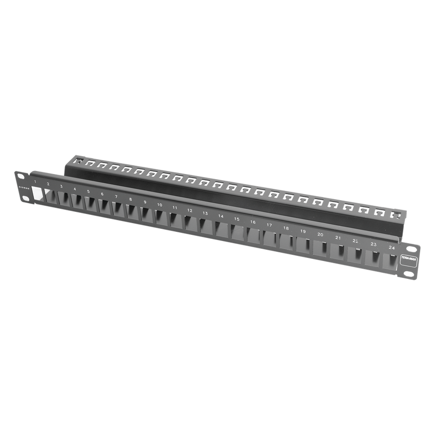Patch Panel TERA-MAX Blindado de 24 Puertos, Modular (Vacío), Plano, Color Negro, 1UR
