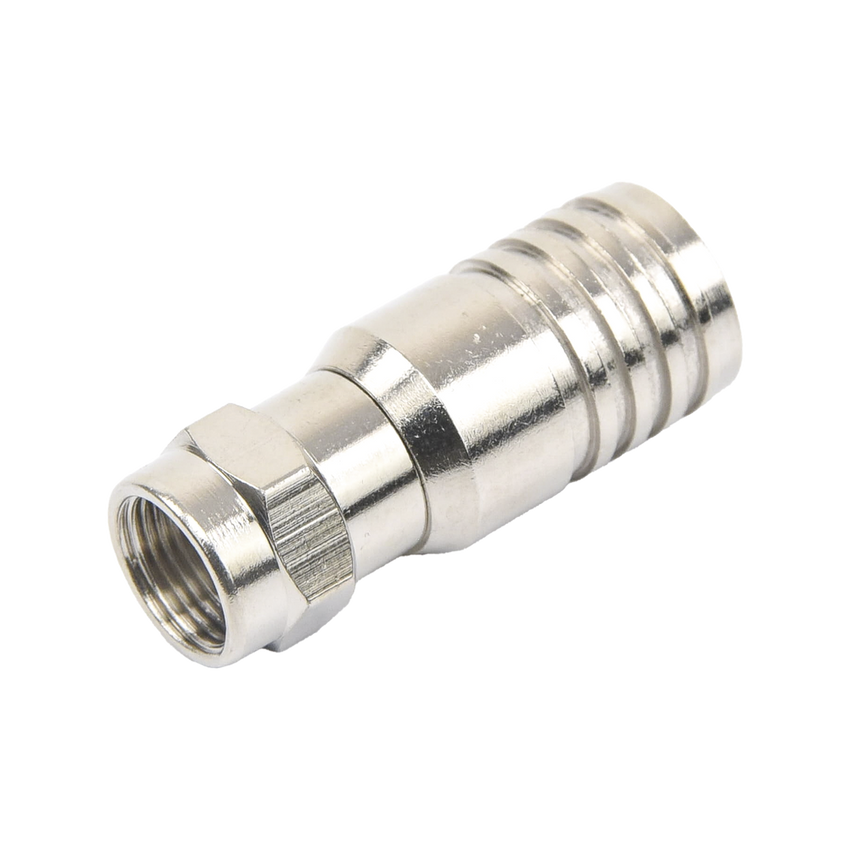 Conector F Macho en 75 Ohm, Plegable para Instalar en Cables Coaxiales RG-11, Cuerpo de Bronce-Niquelado/ Teflón.