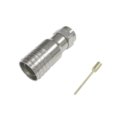 Conector F Macho en 75 Ohm, Plegable para Instalar en Cables Coaxiales RG-11, Cuerpo de Bronce-Niquelado/ Teflón.