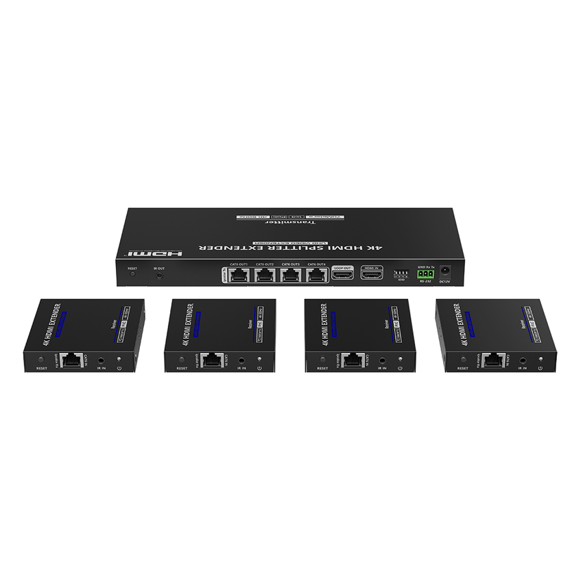 Kit Divisor y Extensor HDMI | 1x4 | Hasta 70 m |Resolución 4K @ 60 Hz |  Cat 6/6a/7 | IPCOLOR | CERO LATENCIA | Puerto S/PDIF | EDID | RS232 | Salida Loop / PoC