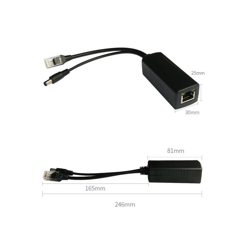 Cable divisor PoE pasivo de 48-55 Vcc @ 12 Vcc, 2 A. Aplicaciones como adaptar micrófonos en cámaras IP