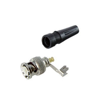 Conector BNC macho en 75 Ohm, para cable coaxial RG-59 / Con base de alivio negra de PVC, Níquel/ Oro/ PTFE.