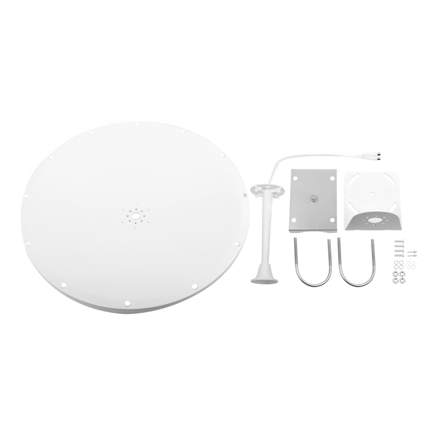 Antena Direccional con Frecuencia Extendida / 4.8 - 6.5 GHz / 28 dBi /  Jumper incluido con conector  SMA-Macho Inverso / Polaridad en 90º y 45º / Montaje incluido para torre o mástil