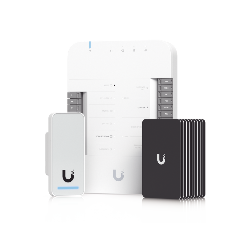 UniFi Access Kit de Inicio Gen 2, Incluye Hub para conexiones, lector NFC y movimiento / 10 tarjetas de acceso / sistema completo para abrir una puerta