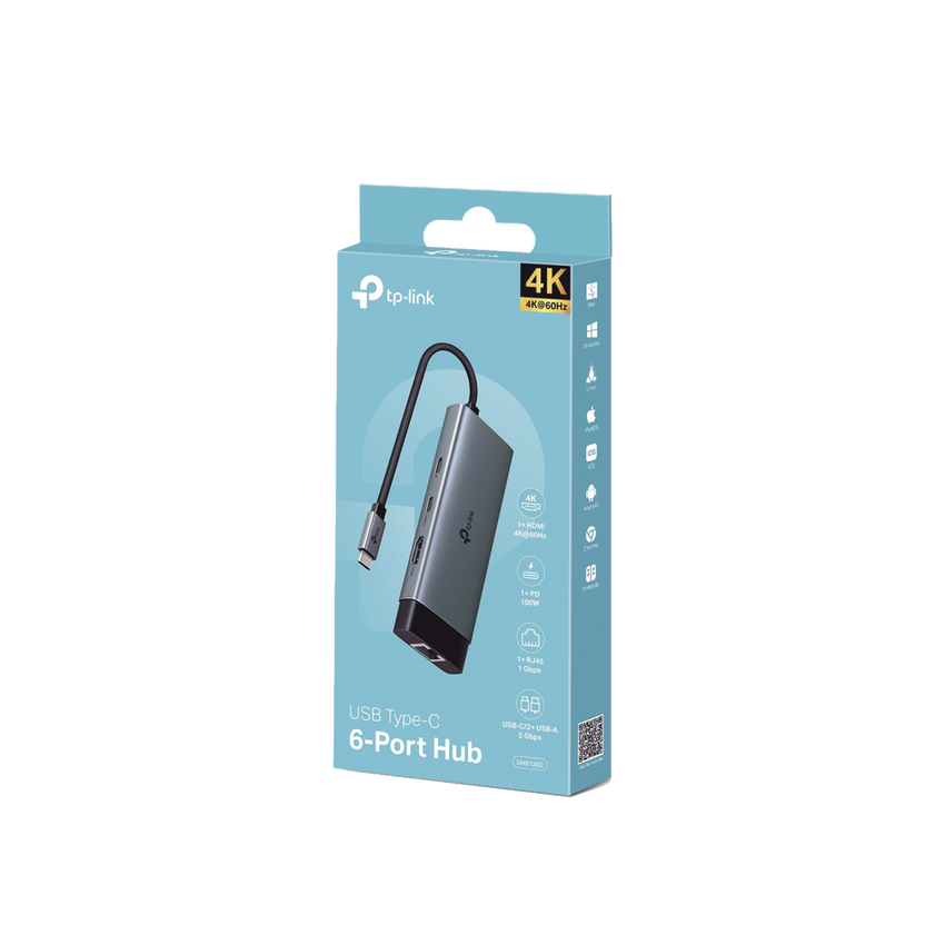 Adaptador HUB 6 en 1, 1 puerto USB-C entrada, 1 puerto HDMI 4K, 1 puerto Ethernet Gigabit, 1 puerto USB-C y 2 puertos USB-A