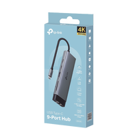 Adaptador HUB 9 en 1, 1 puerto USB-C entrada, 1 puerto HDMI 4K, 1 puerto Ethernet Gigabit, 1 puerto SD y MicroSD, 1 puerto USB-C y 3 puertos USB-A