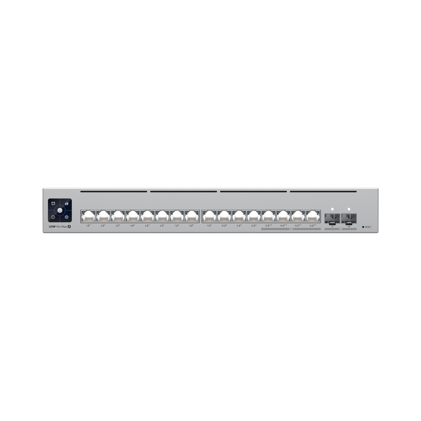 UniFi Switch Pro Max 16 PoE con funciones Capa 3, 16 puertos EtherLight RGB / (4) puertos 2.5 GbE POE++ y (12) puertos GbE POE+ /(2) puertos SFP+ 10G /con pantalla táctil informativa, hasta 180W de presupuesto POE