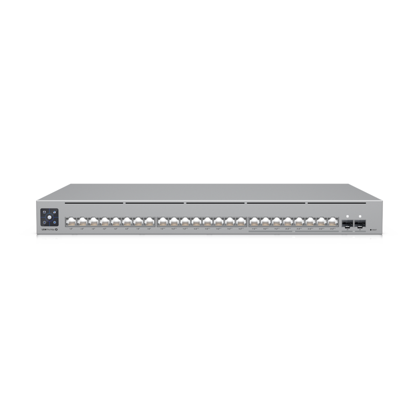 UniFi Switch Pro Max 24 POE, 24 puertos (8 puertos POE++ 2.5 GbE y 16 puertos GbE POE+), 2 puertos SFP+ 10G, 400W, pantalla táctil