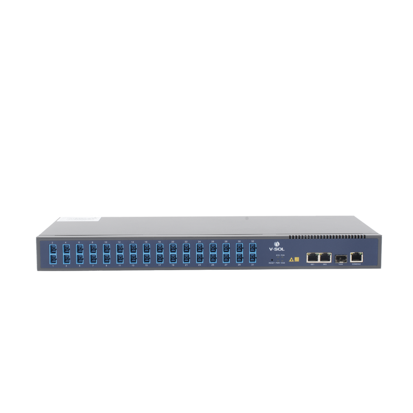 OLT de 1 GPON puerto con Splitter de 1 a 32 SC/UPC Incluido  + 3 puertos Uplink (2 puertos Gigabit Ethernet + 1 puerto SFP/SFP+) , hasta 128 ONUS