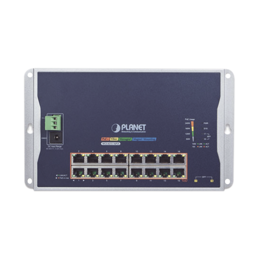 Switch Industrial Administrable Capa 2 de Pared,16 Puertos PoE 802.3at Gigabit y 2 Puertos SFP
