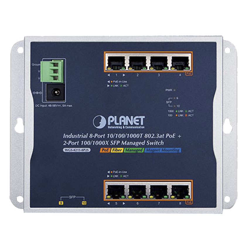 Switch Industrial PoE Administrable de Pared Capa 2, 8 Puertos Gigabit PoE 802.3at y 2 Puertos 100/1000X SFP
