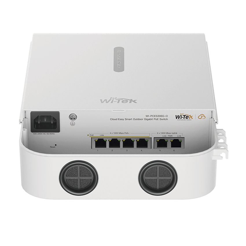 Switch PoE para exterior / Administración en la nube / Con 4 puertos 10/100 Mbsp PoE af/at / 2 Puertos Uplink 10/100 MBPS /  Presupuesto 60 W / PoE hasta 250 metros / Soporta protocolo ONVIF