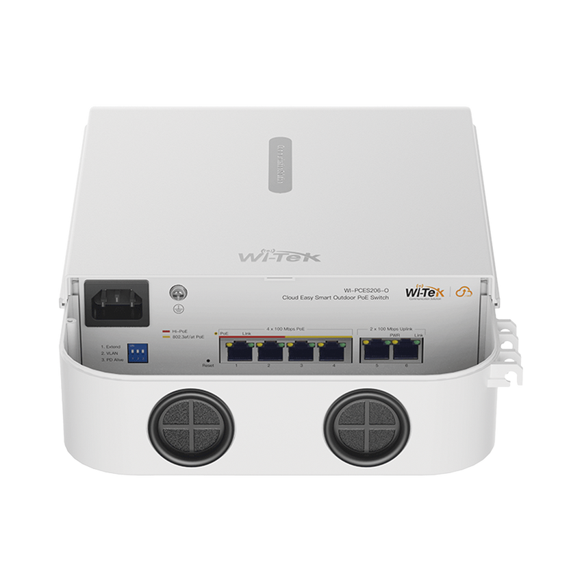 Switch PoE para exterior / Administración en la nube / Con 4 puertos 10/100 Mbsp PoE af/at / 2 Puertos Uplink 10/100 MBPS /  Presupuesto 60 W / PoE hasta 250 metros / Soporta protocolo ONVIF
