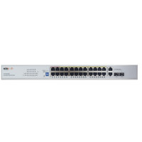 Switch PoE (802.3af/at/bt) / No administrable de largo alcance / Hasta 250m / Con 24 x 10/100Mbps + 2 x SFP Gigabit Combo / 250 W
