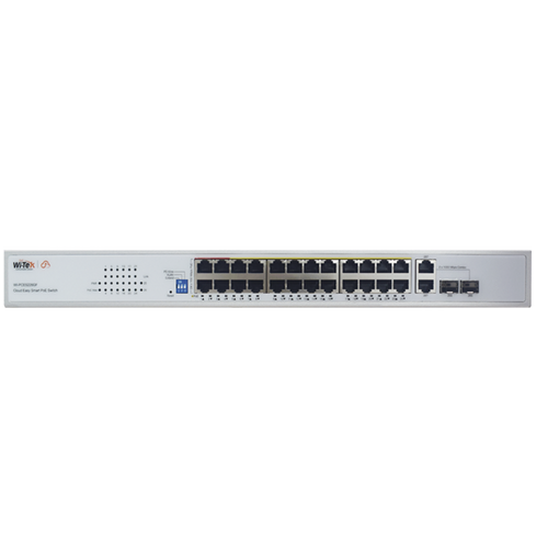 Switch PoE (802.3af/at/bt) / No administrable de largo alcance / Hasta 250m / Con 24 x 10/100Mbps + 2 x SFP Gigabit Combo / 250 W