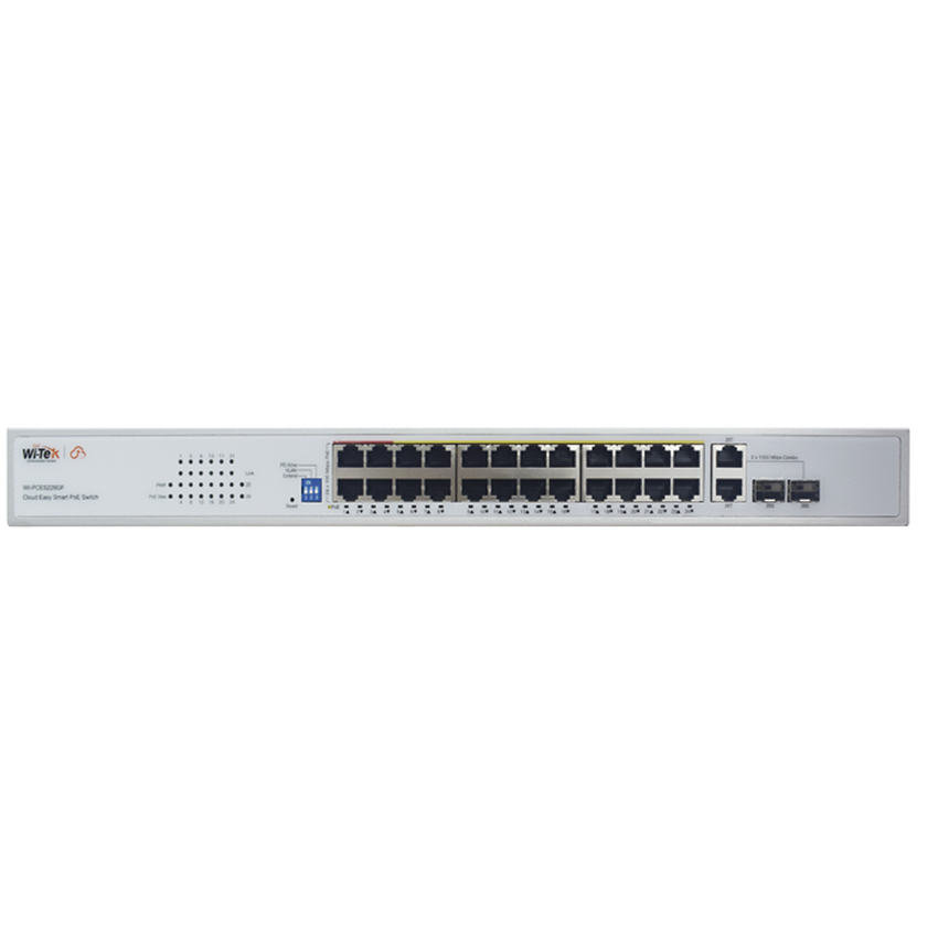 Switch PoE (802.3af/at/bt) / No administrable de largo alcance / Hasta 250m / Con 24 x 10/100Mbps + 2 x SFP Gigabit Combo / 250 W