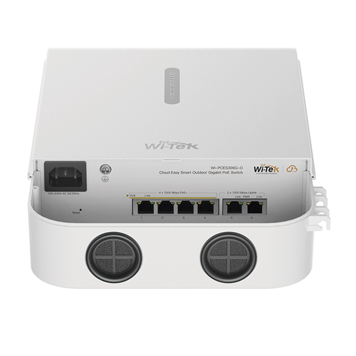 Switch PoE para Exterior / Administración en la nube /4 puertos RJ45 PoE de 10/100/1000 Mbps, 2 puertos RJ45 uplink de 10/100/1000 Mbps/ Presupuesto 60 W / Soporta protocolo ONVIF