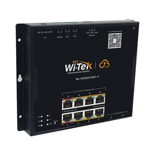 Switch L2 PoE Industrial / Administración Cloud Gratuita / 8 Puertos PoE af/at/bt 10/100/1000 Mbps / 2 Puertos SFP Gigabit / Máx Presupuesto PoE 145 W / Montaje Magnético - Riel DIN.