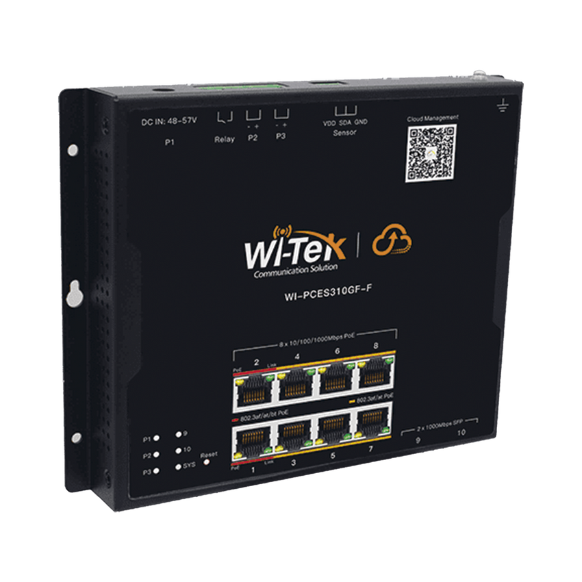 Switch L2 PoE Industrial / Administración Cloud Gratuita / 8 Puertos PoE af/at/bt 10/100/1000 Mbps / 2 Puertos SFP Gigabit / Máx Presupuesto PoE 145 W / Montaje Magnético - Riel DIN.