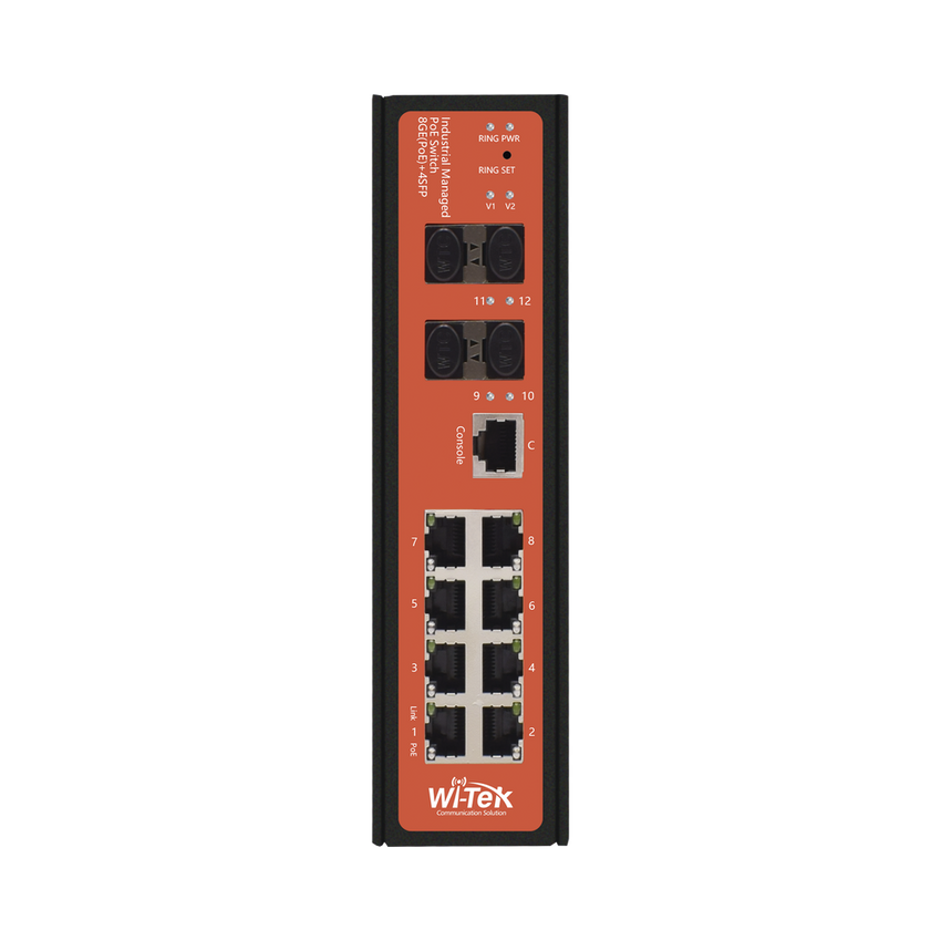 Switch Industrial administrable PoE, puerto 1-2 PoE 24/48. puertos 3-8 puertos 802.3 af/at/bt, hasta 60 W