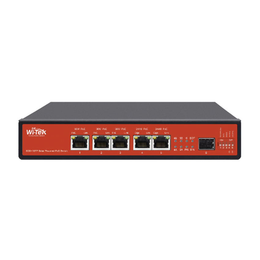 Controlador Solar de 15A con Switch PoE /  1 Puertos Gigabit PoE 802.3 bt / 2 Puertos PoE 802.3 af/at / 2 Puertos PoE Pasivo 24/48 Vcc / 1 Puerto SFP / No administrable