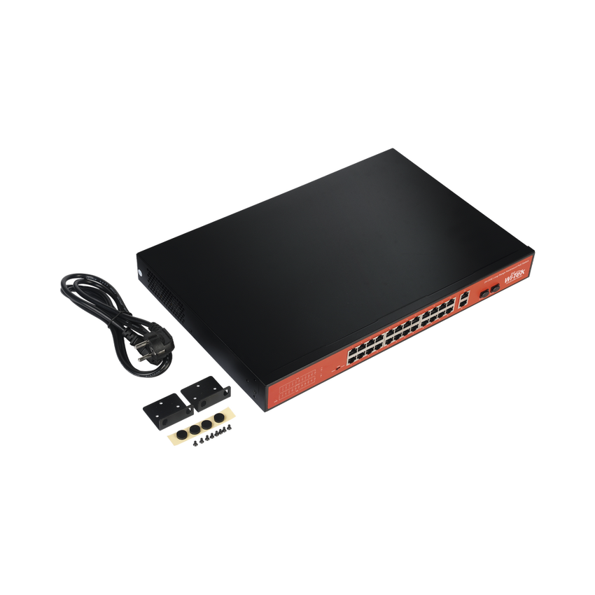 Switch PoE (802.3af/at/bt) / No administrable de largo alcance / Hasta 250m / Con 24 x 10/100Mbps + 2 x SFP Gigabit Combo / 250 W