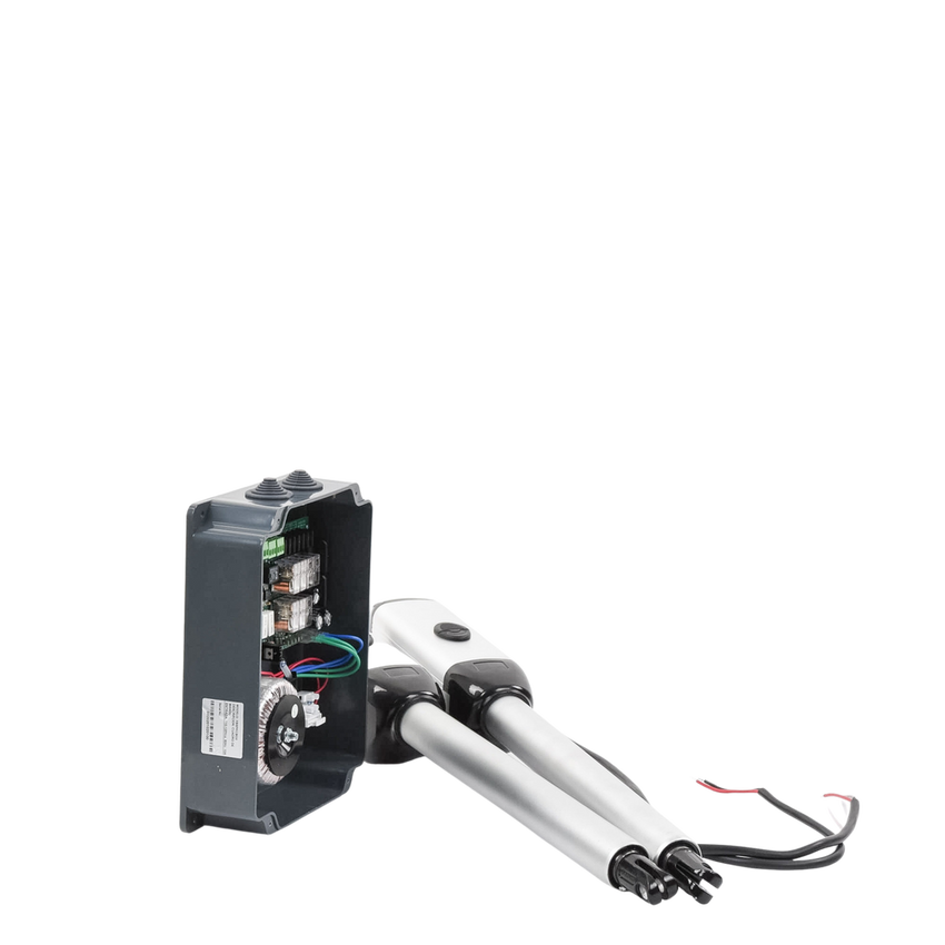 Kit de brazos para automatizar portones vehiculares abatibles de 2 hojas/ 3 Mts / 300 Kg / Uso solo residencial / Compatible con respaldo de energía
