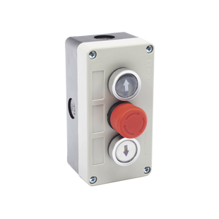 Botonera Triple con Boton de Stop Tipo Enclavado / Para Barreras Vehiculares, Operadores Corredizos y Abatibles.