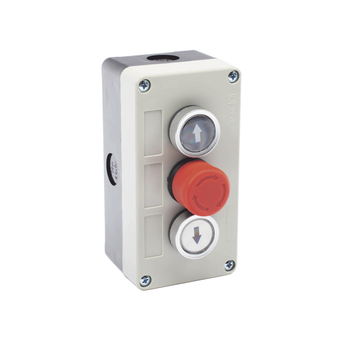 Botonera Triple con Boton de Stop Tipo Enclavado / Para Barreras Vehiculares, Operadores Corredizos y Abatibles.