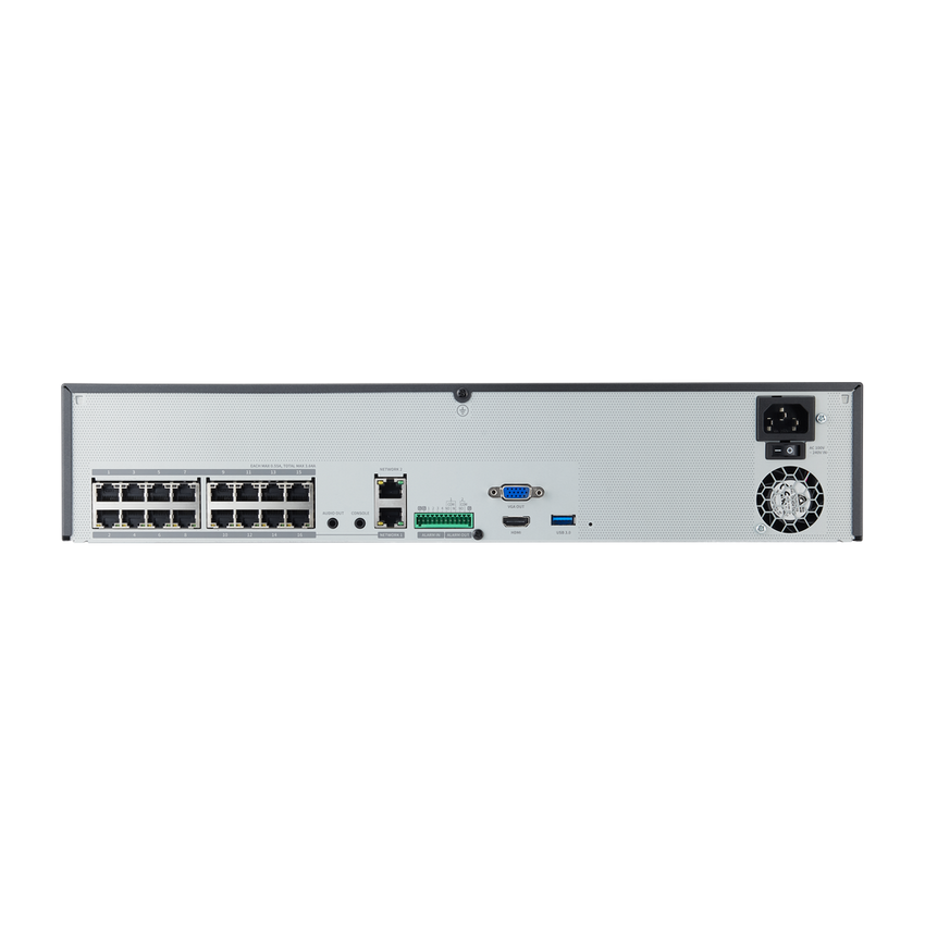 NVR de 16 canales / 32MP / Hasta 4 Discos Duros / Switch PoE+ 16 puertos / Wisenet P2P / H.265 & WiseStream