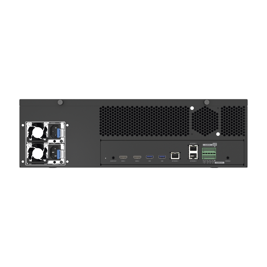 NVR de 64 canales /  Hasta 32 MP / H.265 & Wisestream / Procesamiento 400 Mbps / 3 Puertos de Red / Raid 5-6 / 16 bahias para disco duro (no incluidos)