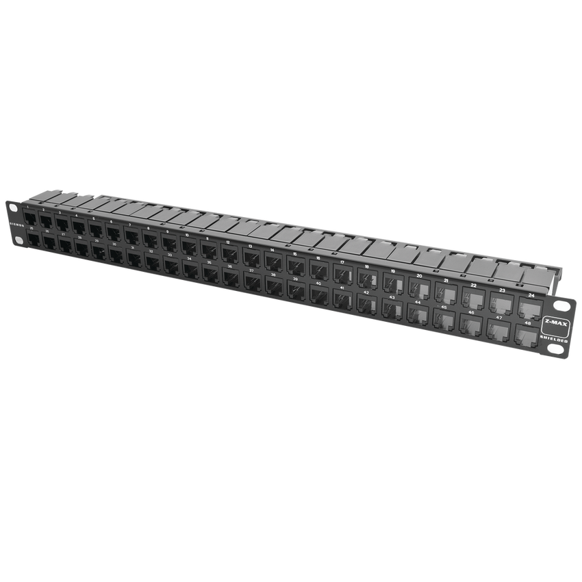 Patch Panel Z-Max de 48 Puertos, Blindado, Precargado con Jacks Categoría 6A, Plano, 1UR