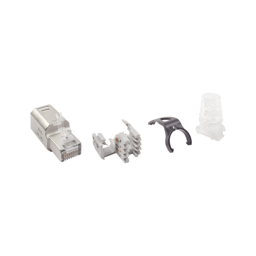 Plug RJ45 Cat6A Blindado, Terminación en Campo, Compatible con Todas las Categorías, Con Clip Protector de Seguro