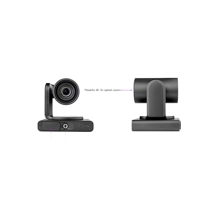 Cámara PTZ 4K Dual | Microsoft Teams Certified | 12x Zoom Óptico + Lente Panorámico 119° | Triple Micrófono Array | AI Auto-Framing | Speaker Tracking | Smart Gallery | PoE+ | USB 3.0
