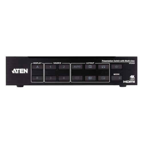 Switch HDMI de Presentación 4x2 True 4K / Multi View / 4 HDMI Entradas / 2 HDMI Salidas / Escalador 4K Integrado / Control RS-232, IR, Telnet, Web GUI / Montaje en Rack / Modo de Espera para Ahorro de Energía