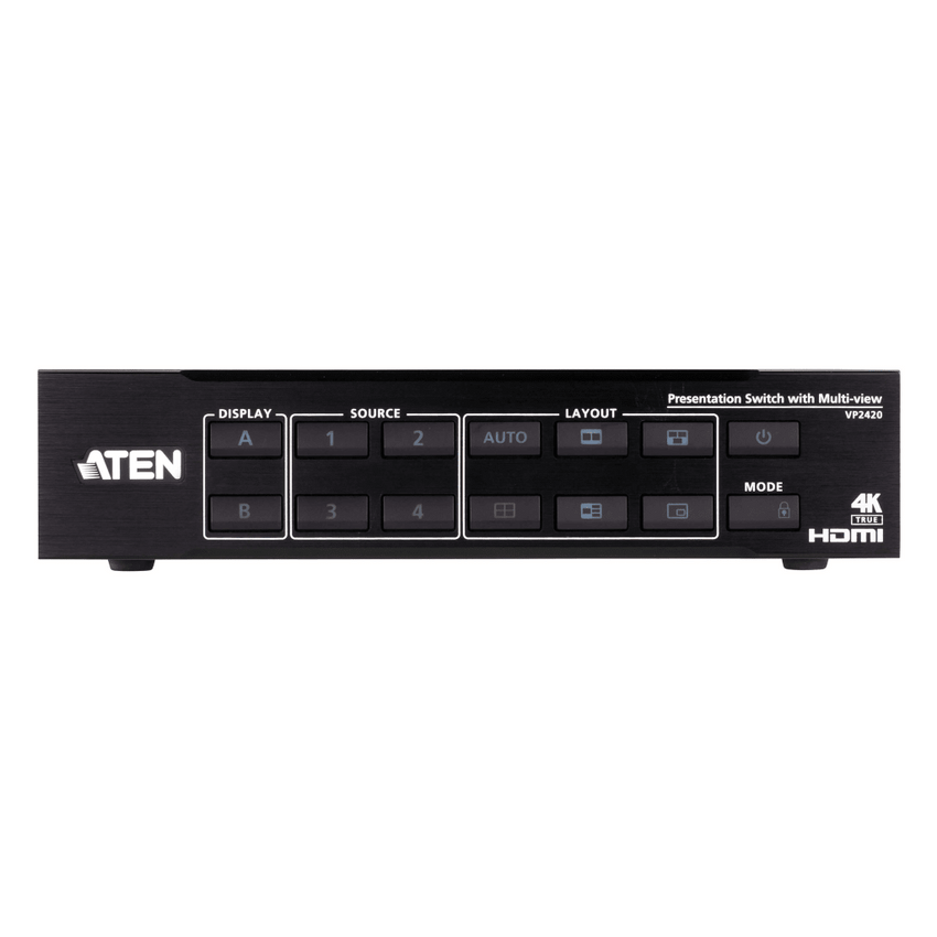 Switch HDMI de Presentación 4x2 True 4K / Multi View / 4 HDMI Entradas / 2 HDMI Salidas / Escalador 4K Integrado / Control RS-232, IR, Telnet, Web GUI / Montaje en Rack / Modo de Espera para Ahorro de Energía
