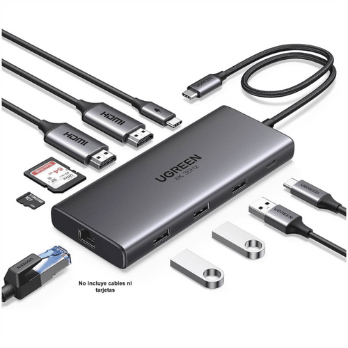 Docking Station USB-C Hub 10 en 1 UGREEN Revodok Pro 210 / Dual HDMI 4K 60Hz y 8K 30Hz / 3 Puertos USB-A + USB-C 3.0 / Carga PD 100W / Ethernet Gigabit 1000M / Lector Tarjetas SD y TF / Compatible Windows y macOS