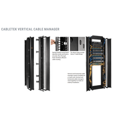 Organizador Vertical CableTek, Sencillo (Solo Frontal), Para Rack Abierto de 45 Unidades, 6 in de Ancho, Color Negro