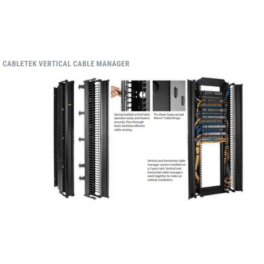 Organizador Vertical CableTek, Sencillo (Solo Frontal), Para Rack Abierto de 45 Unidades, 6 in de Ancho, Color Negro