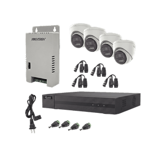 Kit HiLook Audio Bidireccional TurboHD 1080p / DVR Metalico 4 Canales / 4 Cámaras Eyeball (Exterior) con Bocina y Microfóno Integrado / 1 Fuente de Poder / Accesorios