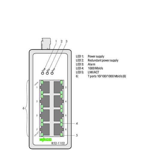 Switch Industrial / 8 Puertos Gigabit 1000Base-T / Alimentación Redundante 9-57V DC / Carcasa Metálica IP30 / Rango Temperatura -40°C a +70°C / Montaje Carril DIN / Store and Forward