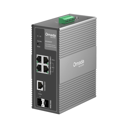 Switch Industrial Easy Managed / 6 Puertos Gigabit (4 PoE) / 120W PoE Budget / IP40 / -40°C a 75°C / 6kV Protección Rayos / Cloud Management Omada / DIN-Rail