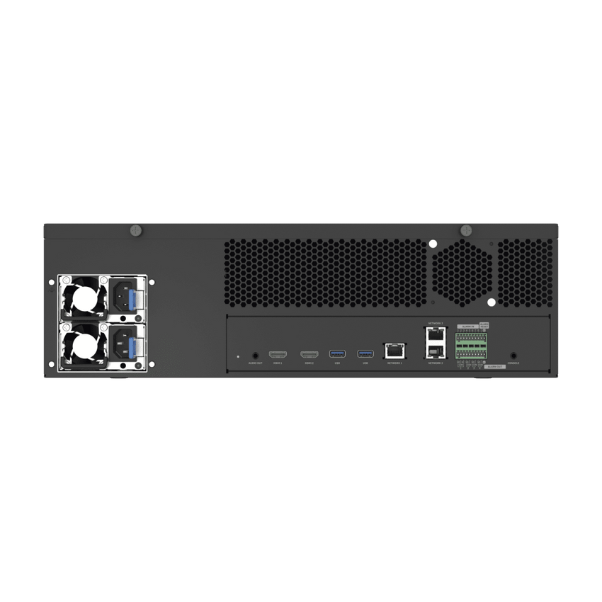 NVR de 64 canales / Soporta grabación hasta 32 MP / H.265 & Wisestream / Procesamiento 400 Mbps / 3 Puertos de Red / Raid 5-6 / 160 TB incluidos