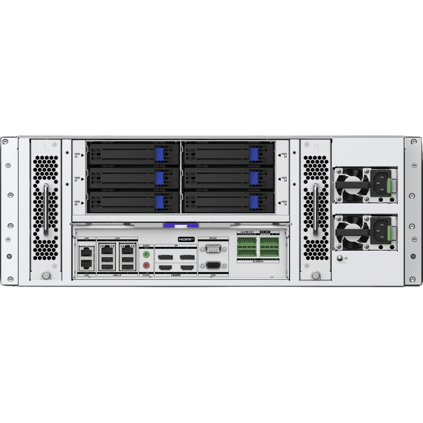 NVR 32 Megapixel (8K) / 256 canales IP / 30 Bahías de Disco Duro (600 TB) / 4 Puertos de Red / Soporta RAID con Hot Swap / ACUSENSE / ANPR