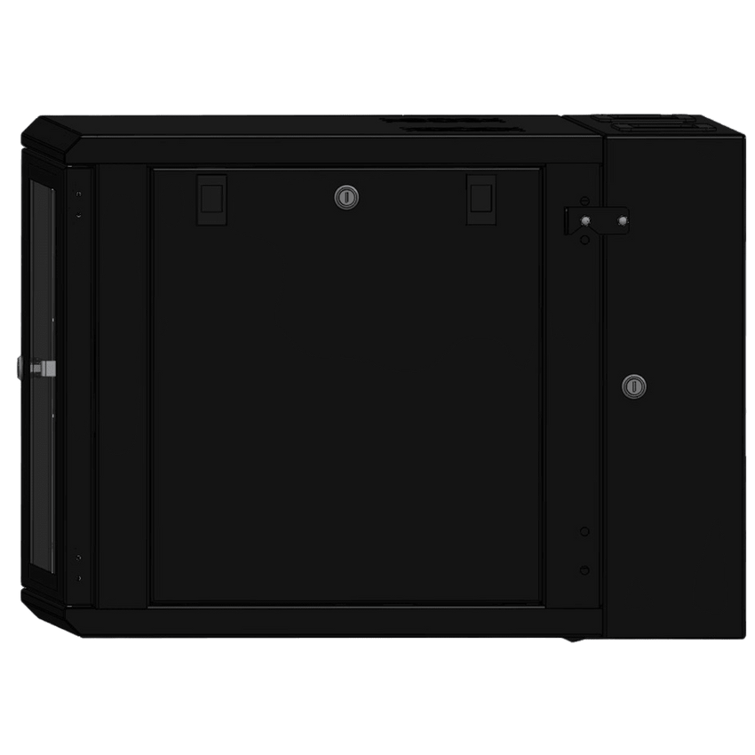 Gabinete Rackeable / 09 Unidades / Pared 19 Pulgadas / Puerta de Cristal / Acero Calibres 18-22 / Carga 80 kg / Dimensiones 634x632x468 mm (25x24.9x18.4 in) / Abatible 120° / Ventilación