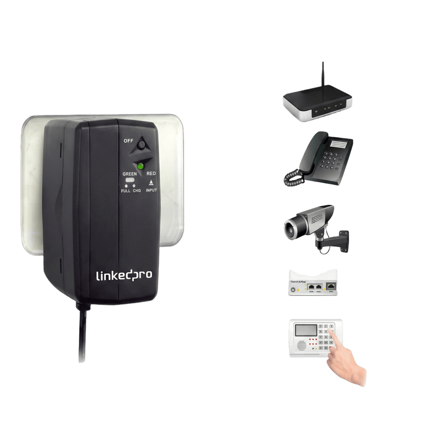 UPS de CD 25 W / Entrada 120 Vca / Salida 12 Vcd / Clavija NEMA 5-15P de entrada / Batería de Litio