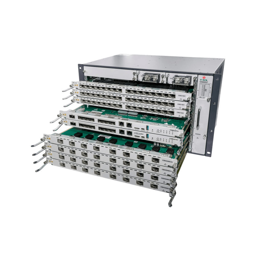 OLT Modular tipo Chasis GPON/XGS-PON Combo, 7 Ranuras de Servicio, Incluye 1 Tarjeta de Servicio de 16 puertos GPON