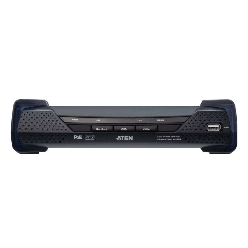 Receptor KVM por IP | DVI-D Dual Link 2K | PoE | Resolución 2560x2048 | SFP 10 km | AES-128 | Audio Estéreo | RS-232 | Montaje Rack