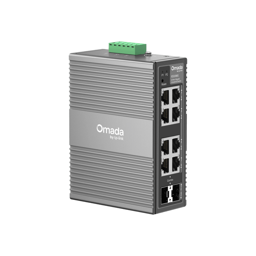 Switch Industrial Omada Easy Managed / 8 Puertos Gigabit (6× RJ45 + 2× RJ45/SFP Combo) / 16 Gbps Switching / -40°C a 75°C / Protección Rayos 6kV / Gestión Cloud / Montaje DIN Rail o Pared / IP40